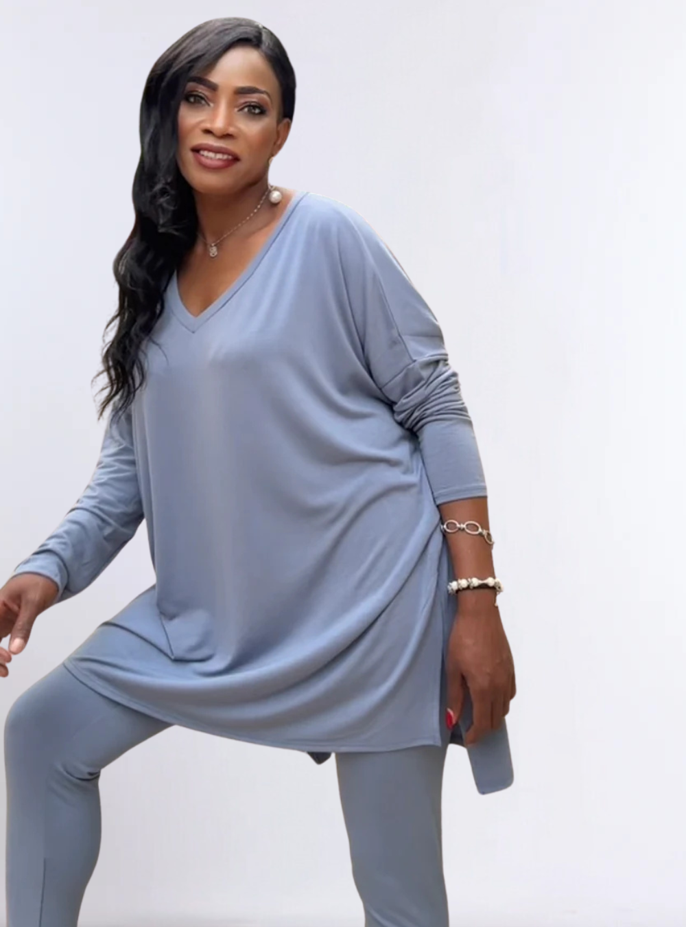 Drawstring Legging Set Oversized V-Neck Top and Fitted Leggings