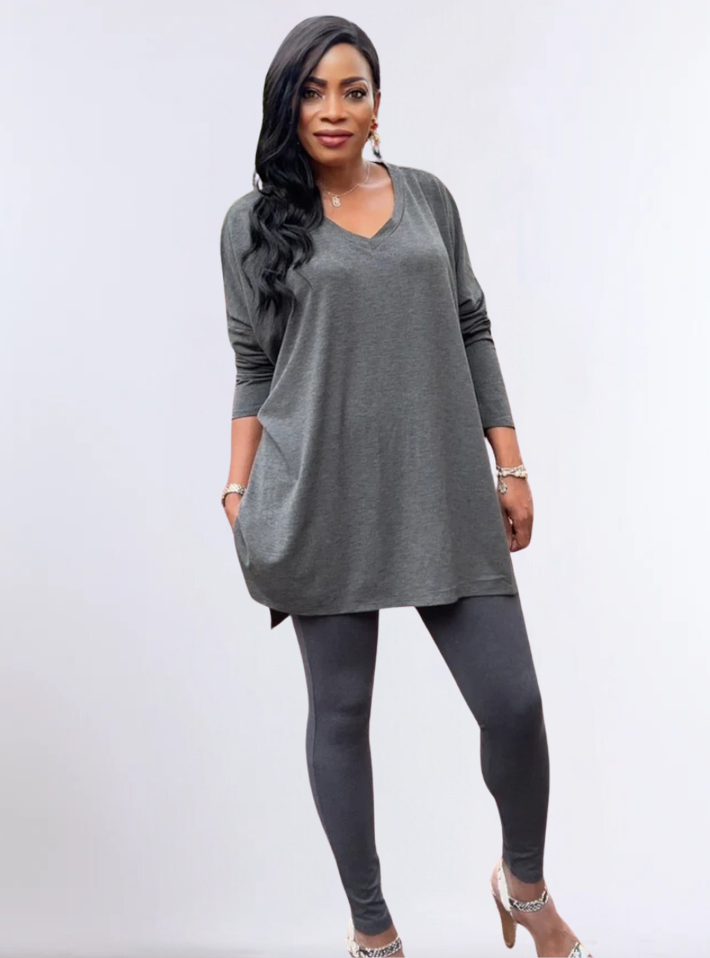 Drawstring Legging Set Oversized V-Neck Top and Fitted Leggings