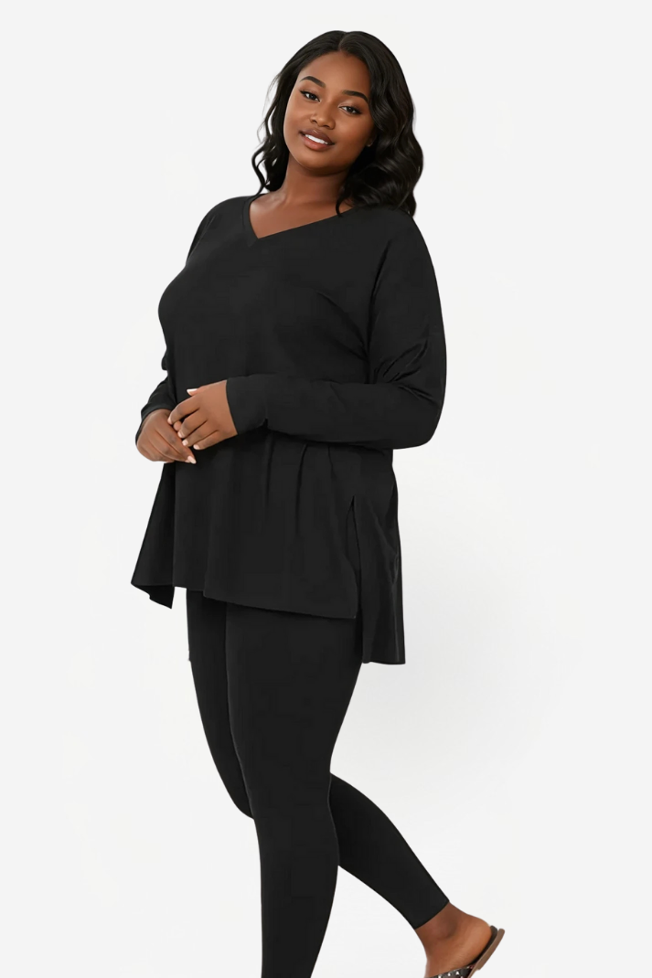 Drawstring Legging Set Oversized V-Neck Top and Fitted Leggings
