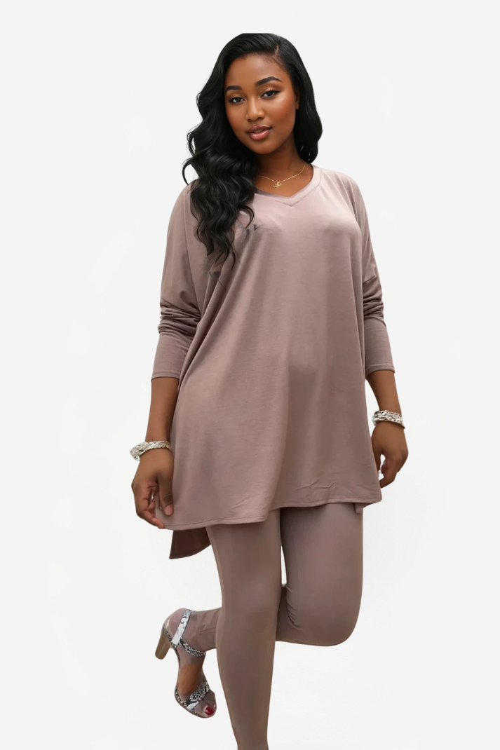 Drawstring Legging Set Oversized V-Neck Top and Fitted Leggings